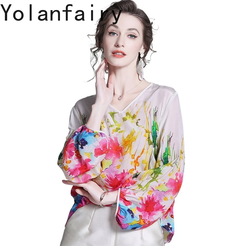 

YOLANFAIRY Элитные женские рубашки из 100% натурального шелка тутового шелкопряда, коллекция Весна 2026, элегантные блузки с цветочным принтом, модные топы, футболки для женщин