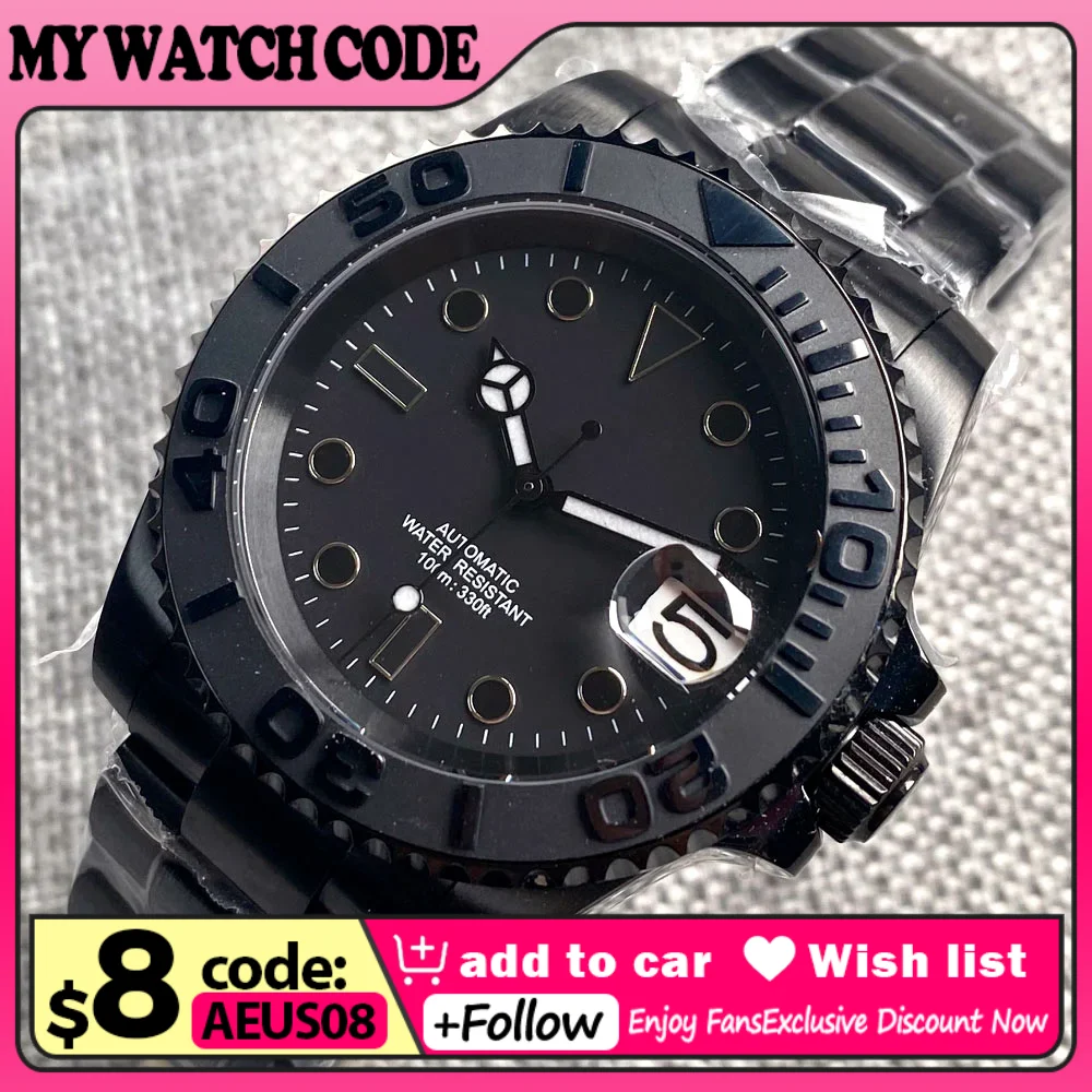 Black PVD 40mm NH35A PT5000 Miyota Automatic Wristwatch for Men Date Black Sterile Dial Merc Hands Sapphire Glass Rotating Bezel