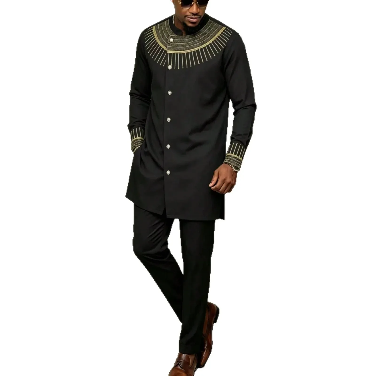 Dashiki African Clothes for Men Spring Autumn African Long Sleeve Black Polyester 2 Piece Top Long Pant Matching Sets Outfits