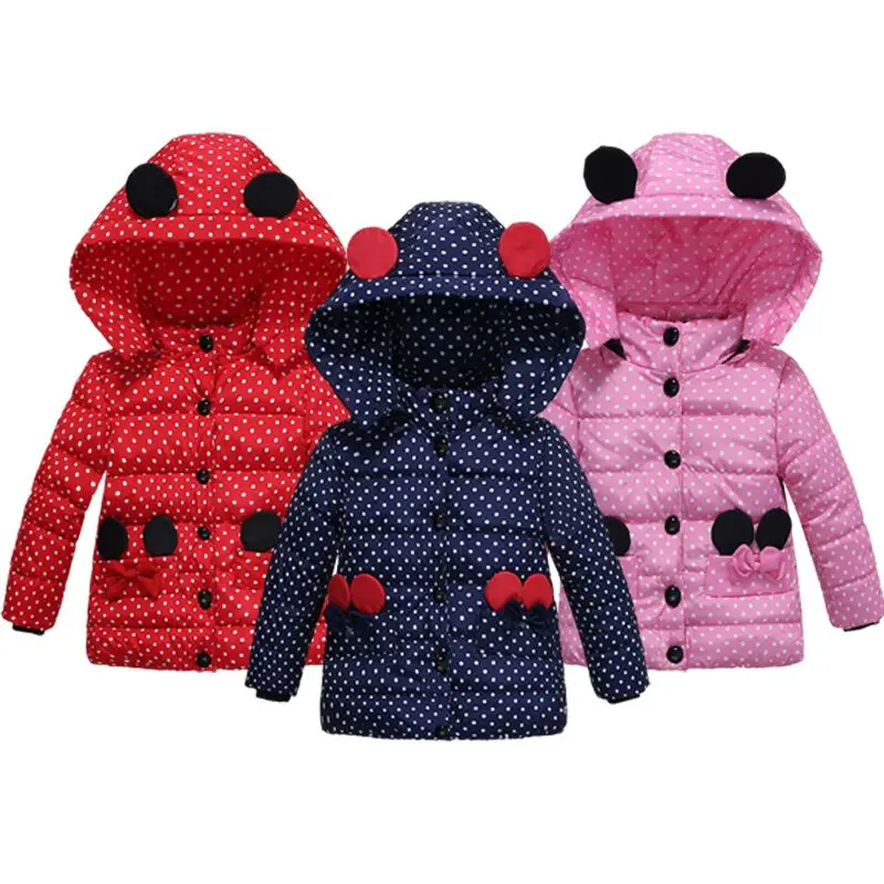 Autumn Winter Dot Girls Jacket Keep Warm Fashion Windbreaker Hooded Outerwear Birthday Party Christmas Coat Kids Clothes 2-4 Yrs