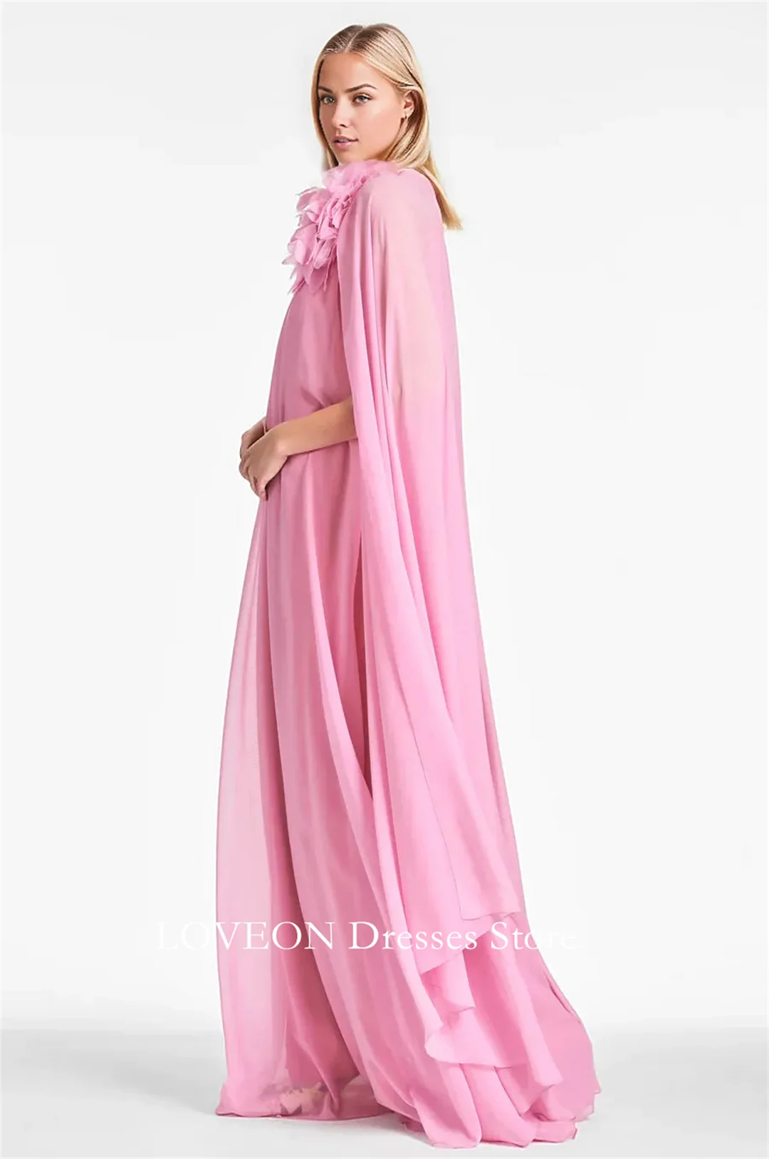 Customized Dubai Pink Formal Dress Prom Party Chiffon Flower Full Sleeves Evening Gowns for Women Formal Bridesmaid Dress