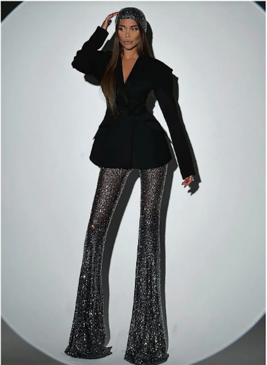 Women Sexy V-neck Blazers Jackets Hot Diamonds Heavy Work Trousers Fashionable Light Luxury Celebrity Two-piece Blazer & Pants