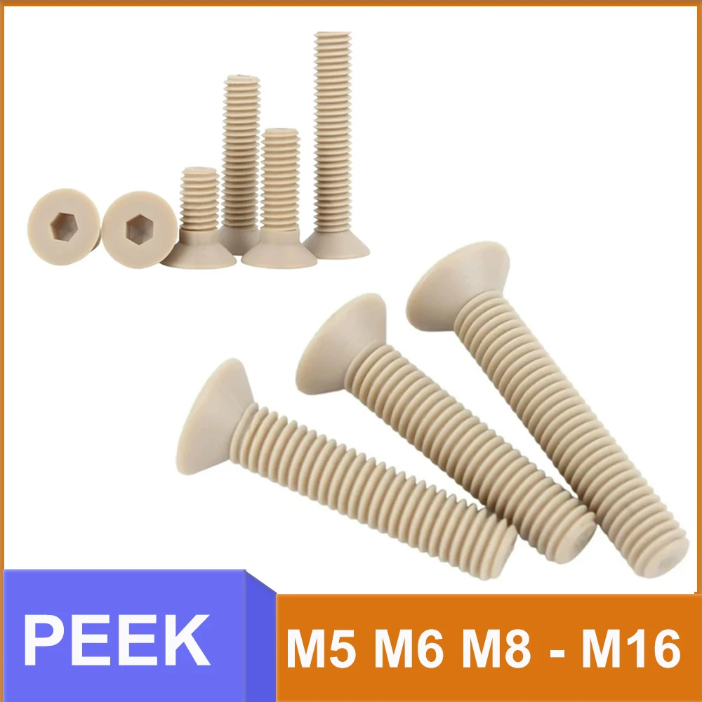 PEEK Hexagon Socket Countersunk Head Screw M5 M6 M8 - M16 Insulation Plastic Allen Flat Bolt High Temperature Resistant Fastener