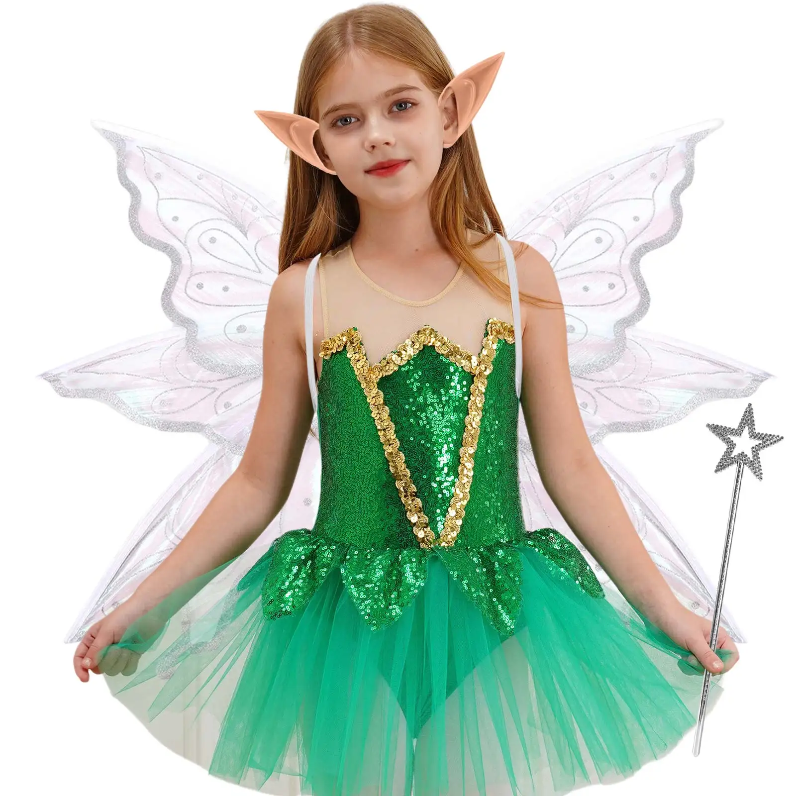 1Set Fee Vleugels voor VolwassenenMeisjes Fee Kostuum met Bloemenkrans Haar Klatergoud Wand Elf Oren Vlindervleugels Cosplay Accessoires