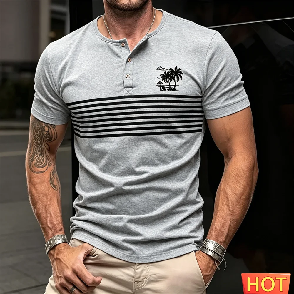 Men's Henry T-shirt Summer vacation Men's button up T-shirt breathable Sport Henry shirt Men's clothing Casual Beach Men T-shirt