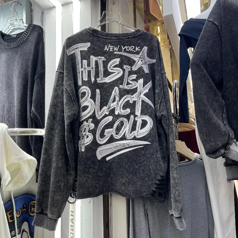 European Autumn New Kawaii Sweatshirt Heavy Industry Cool Sequin Long Sleeves Jacket Fun Printed Top Sudaderas Streetwear Women