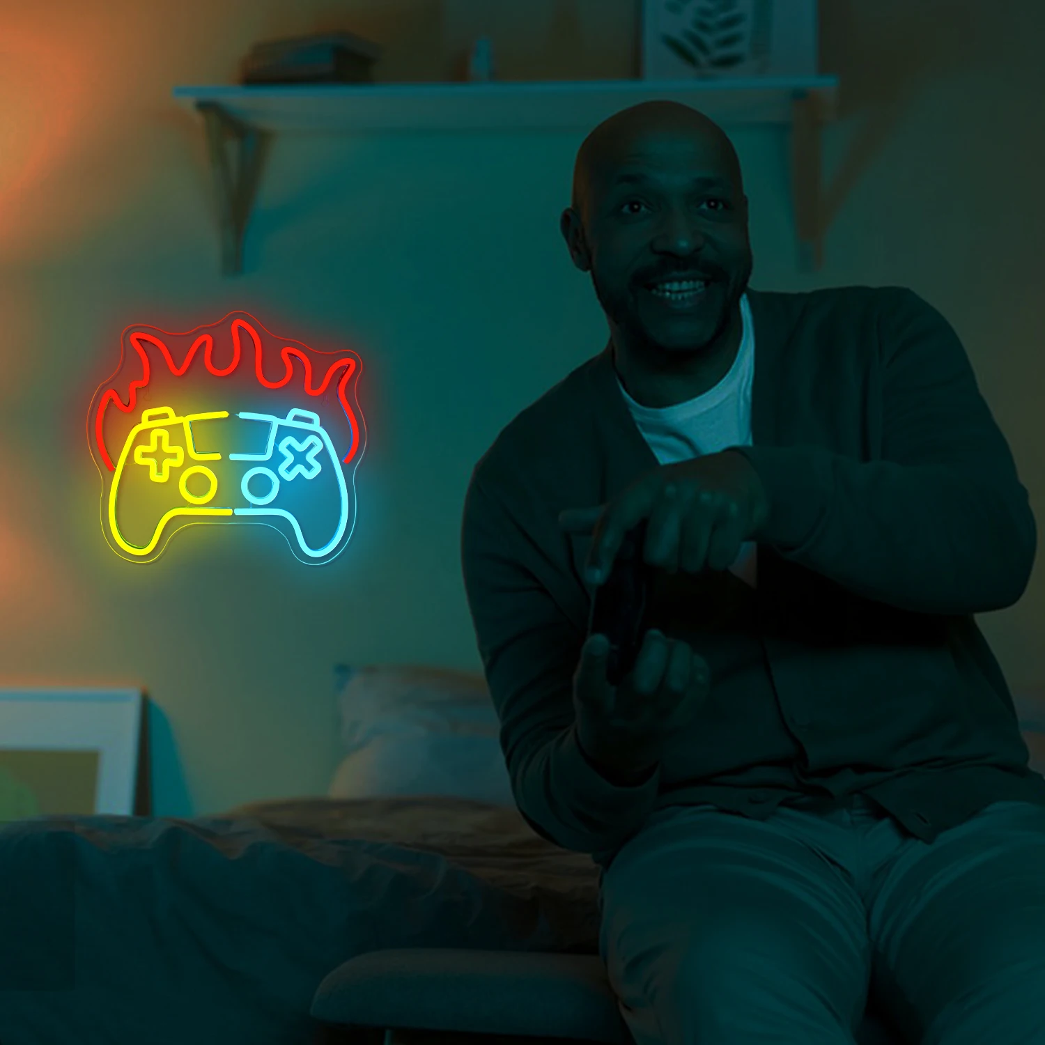 Gamer Neon Sign for Gaming Room Decor, Gamepad Shaped, Sinal LED para Teen Boys Room, Decoração de parede para crianças, Homem Caverna, Azul e Amarelo