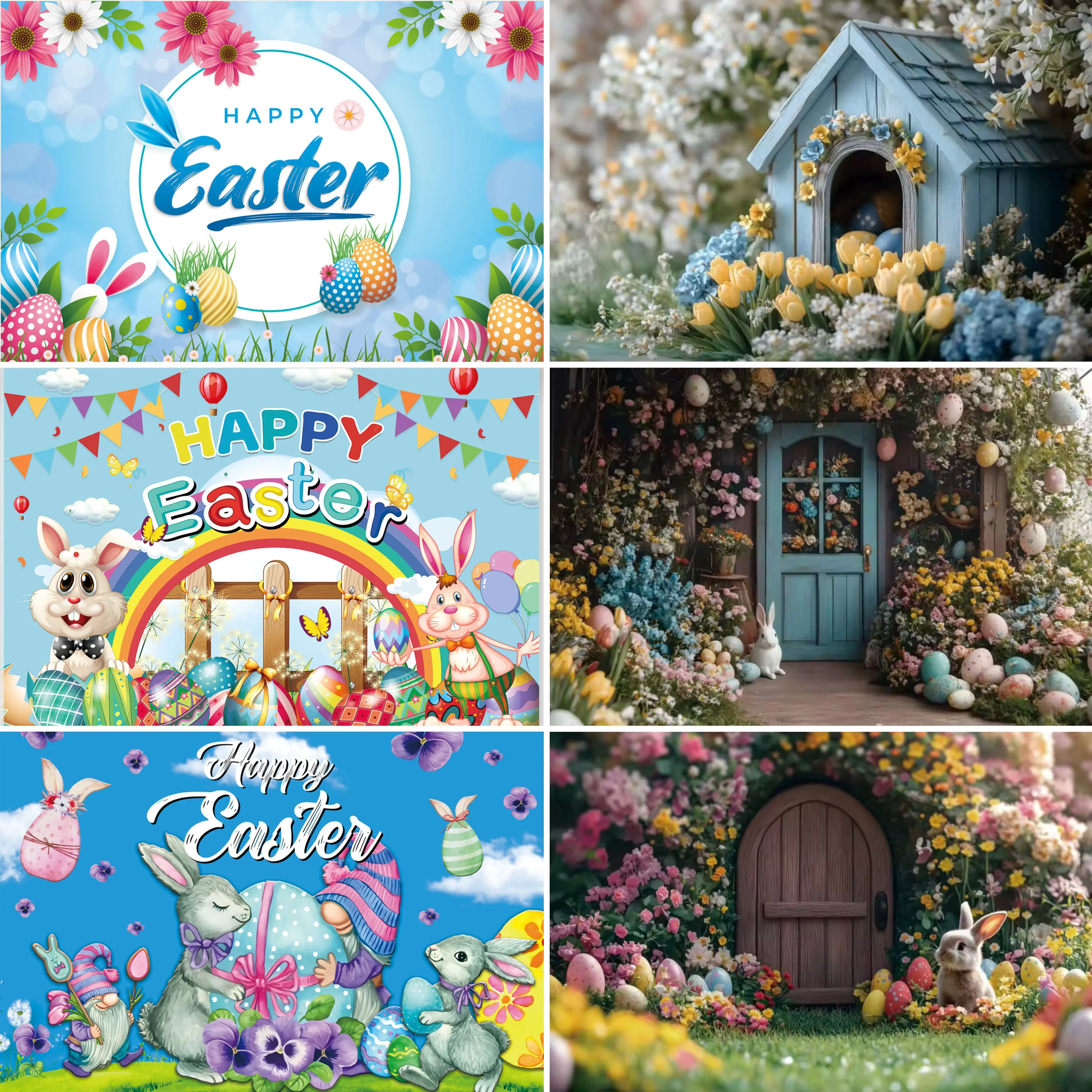 

Happy Easter Theme Background Rabbit and Easter Egg Festival Celebration Decor Background Spring Garden Party Photography Props