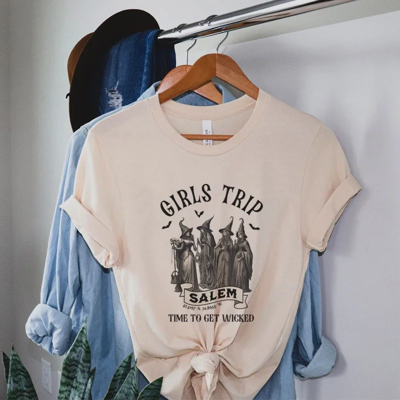 Girls Trip Salem T-shirt Cute Funny Witch Tee Shirt Short Sleeve Spooky Season T Shirt Women Vintage Fall Halloween Top Clothes