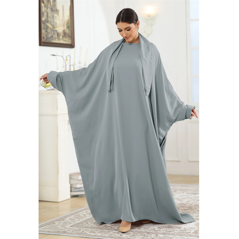 Satin Abaya Frauen Muslim Lange Khimar Lose Fledermaus Ärmel Maxi Kleid Türkei Gebet Krawatte Zurück Eid Ramadan Kaftan Islamischen Jalabiya Robe
