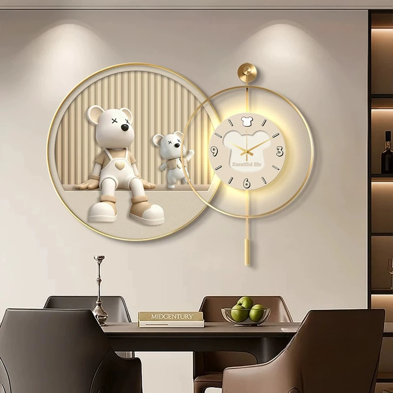 Cream Style Decorative Painting Belt Wall Clock Creativity Living Room Cartoon Bear Sway Clock Bedroom Mute LED Watch Home Decor