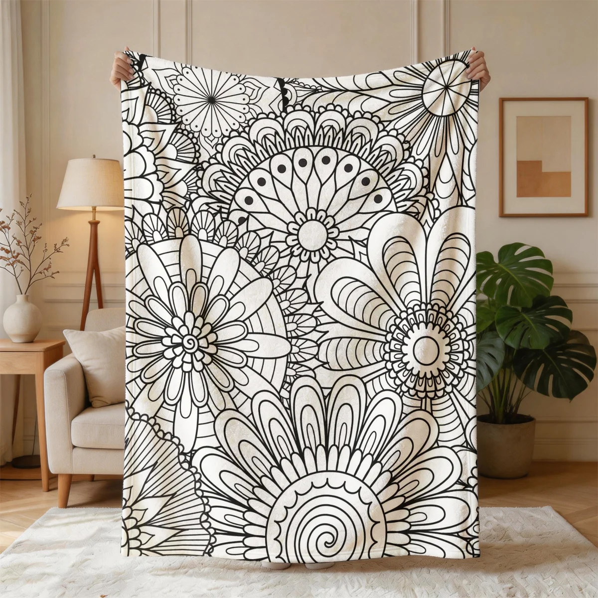 Large Mandala Floral Print Boho Throw Blanket Line Art Tapestry Decorative Cozy Indoor Outer Decor for Sofa Bed
