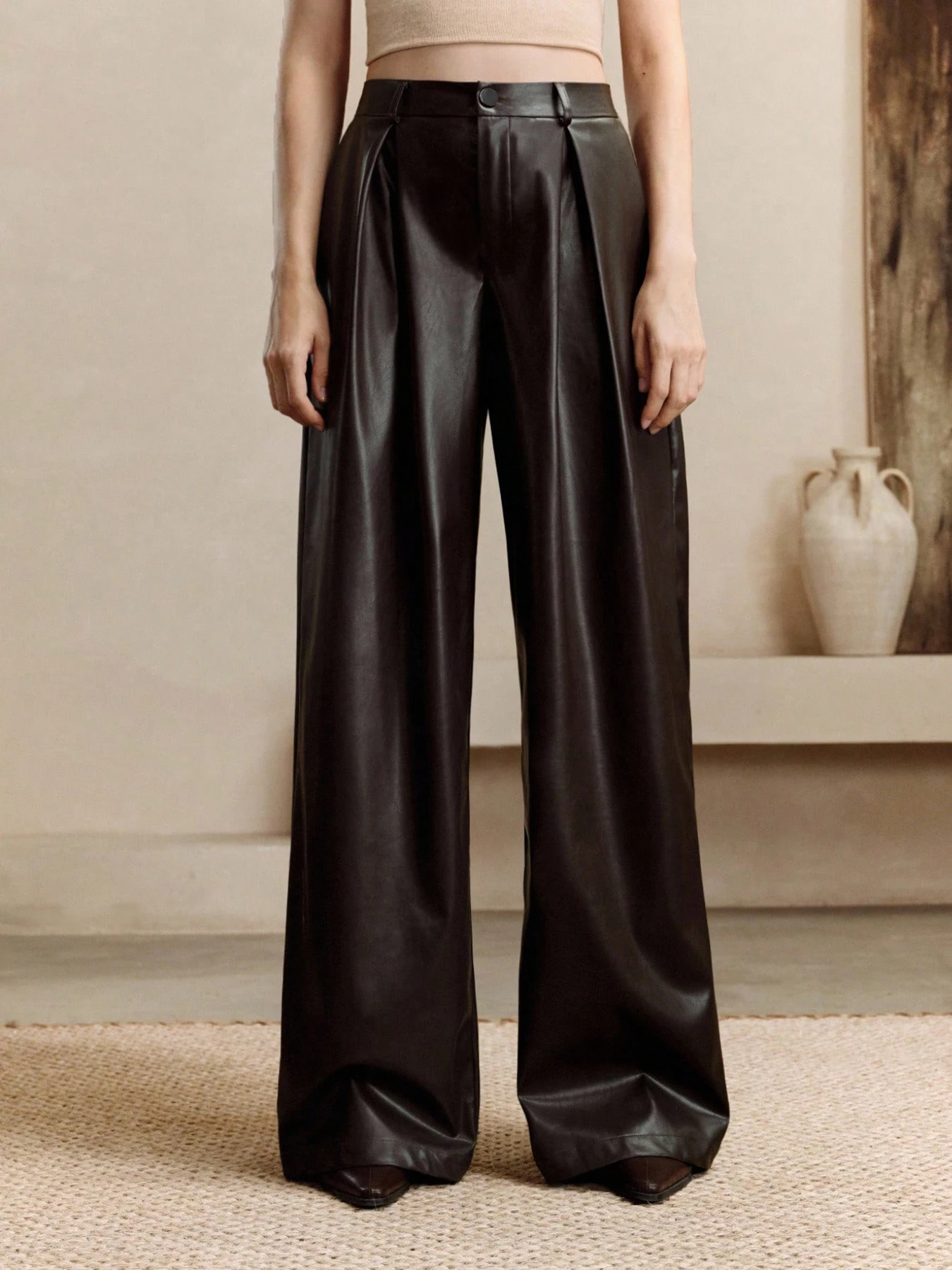 Pantaloni a vita alta a gamba dritta in pelle autunno e inverno da donna, pantaloni con tasche, pantaloni casual ed eleganti 803