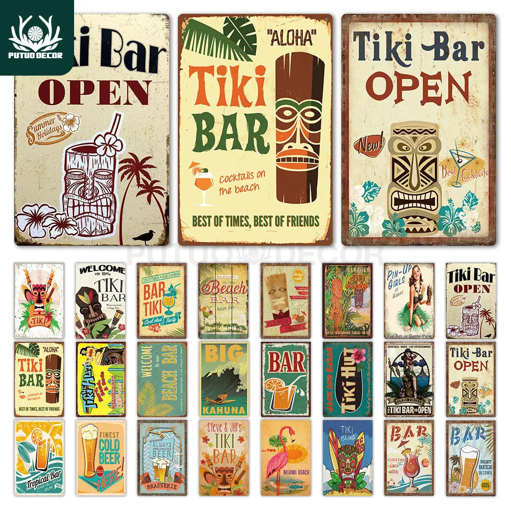Tiki Bar Wall Decor Metal Sign Plaque Metal Summer Tiki Sign Metal Plate for Tiki Bar Beach Bar Decorative Iron Painting