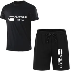 2024 Summer G-STAR RAW Print Men's T-shirts Shorts Set Suit Fashion Leisure Breath Sport Jogging Gym 2pcs Short Sleeve