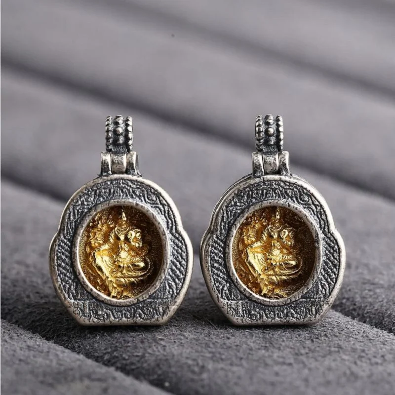 100% 925 Silver Gold Plated Buddhist Prayer Box Small Pendant Tibetan Jambhala Tara Ganesh Ksitigarbha Buddha Amulet Charm