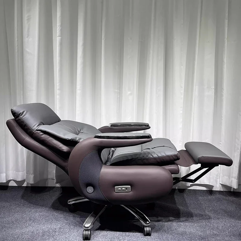 

Recliner Computer Chair With Wheels Solid Wood Frame Electric Footrest Leather Office Chair 7-Point Vibrating Bedroom Armchair