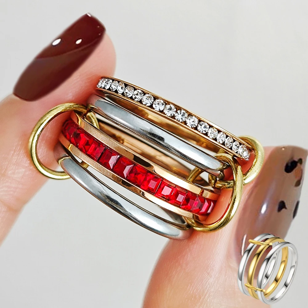 Conjunto de anillos de acero inoxidable de múltiples capas para mujeres y hombres, anillo Spinelli de circón colorido, joyería minimalista de moda, regalos al por mayor