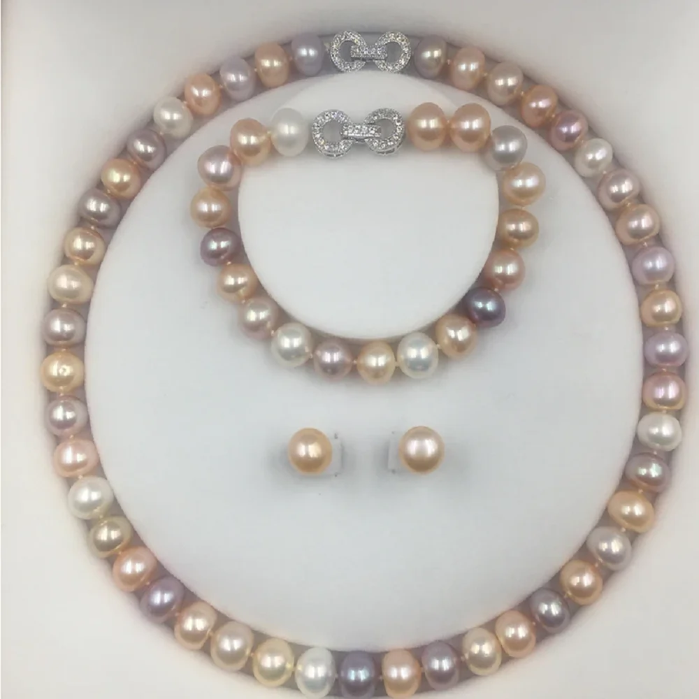 

Beautiful AAAA 9-10mm round South Sea pearl bracelet7.5-8inch+necklace 18 inch+earring set suitable for mothers and ladies 925s