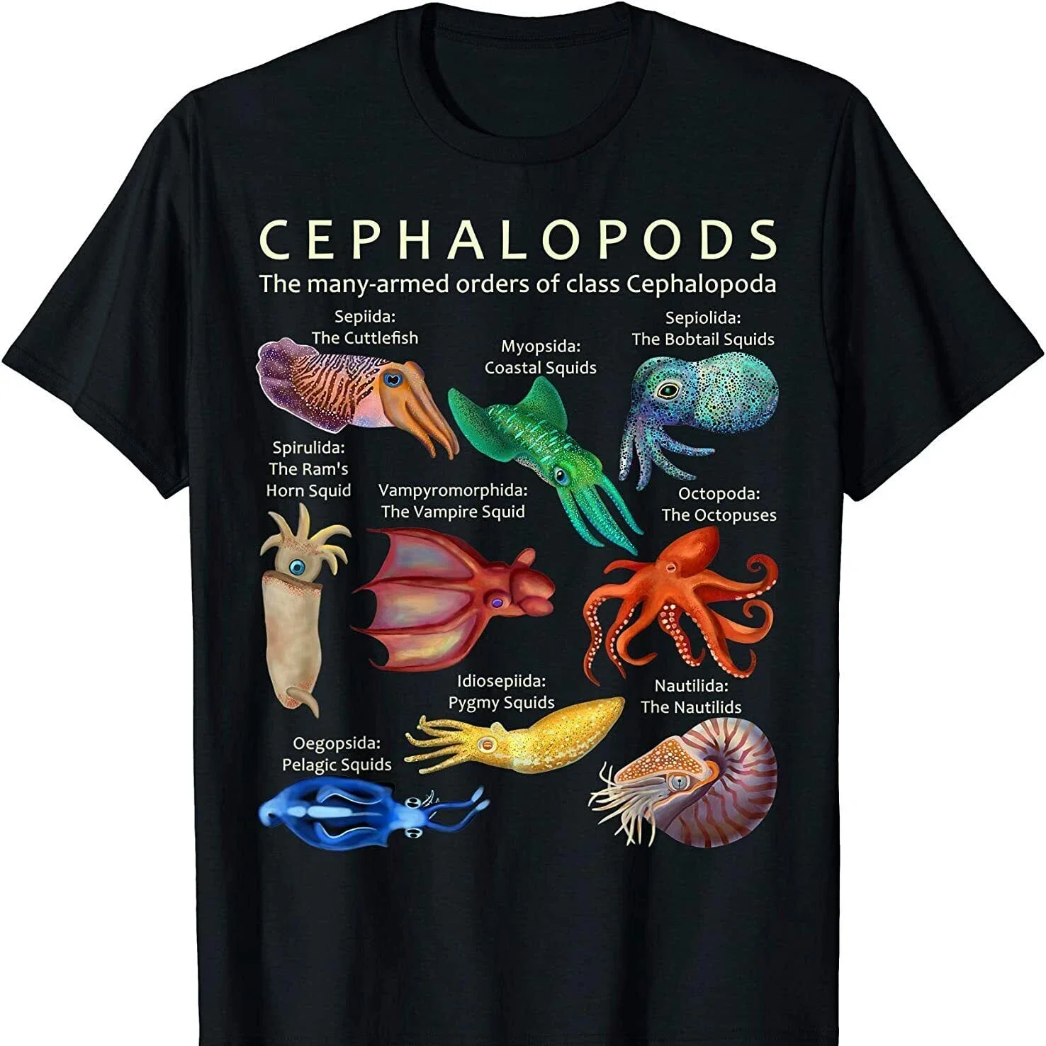 O cefalópode: polvo, lula, choco e nautilus t camisa novo 100% algodão manga curta o-pescoço camiseta casual masculino topo