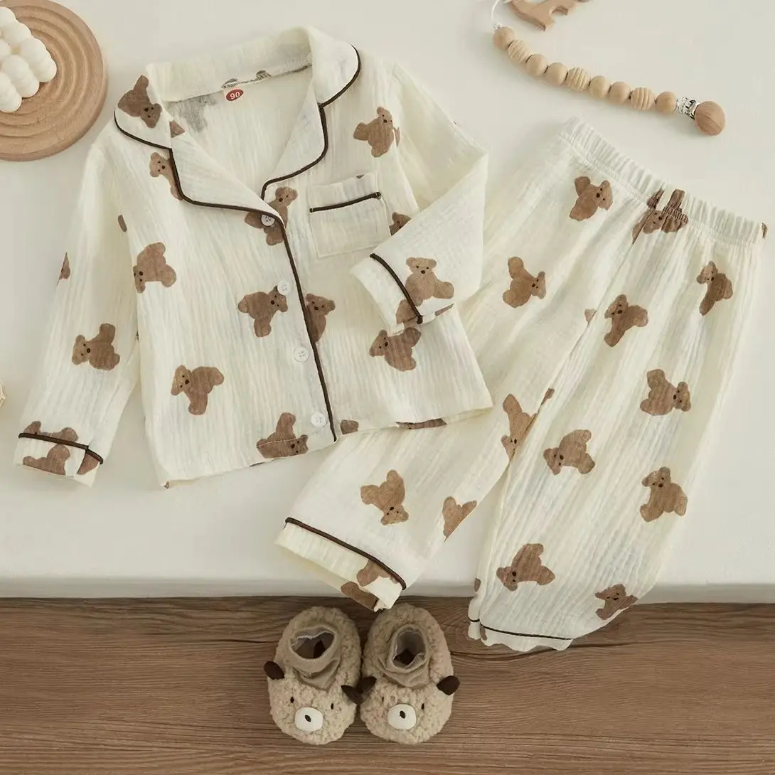 

2026 Kids Unisex Cotton Linen Pajama Suit Bear Print Long Sleeve Front Pocket Lapel Tops Long Pants Spring Clothes Casual Set