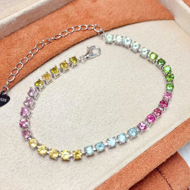 

Natural Tourmaline Bracelet S925 Silver Inlaid Full Setting Candy Color Gemstone Fashion Jewelry Women