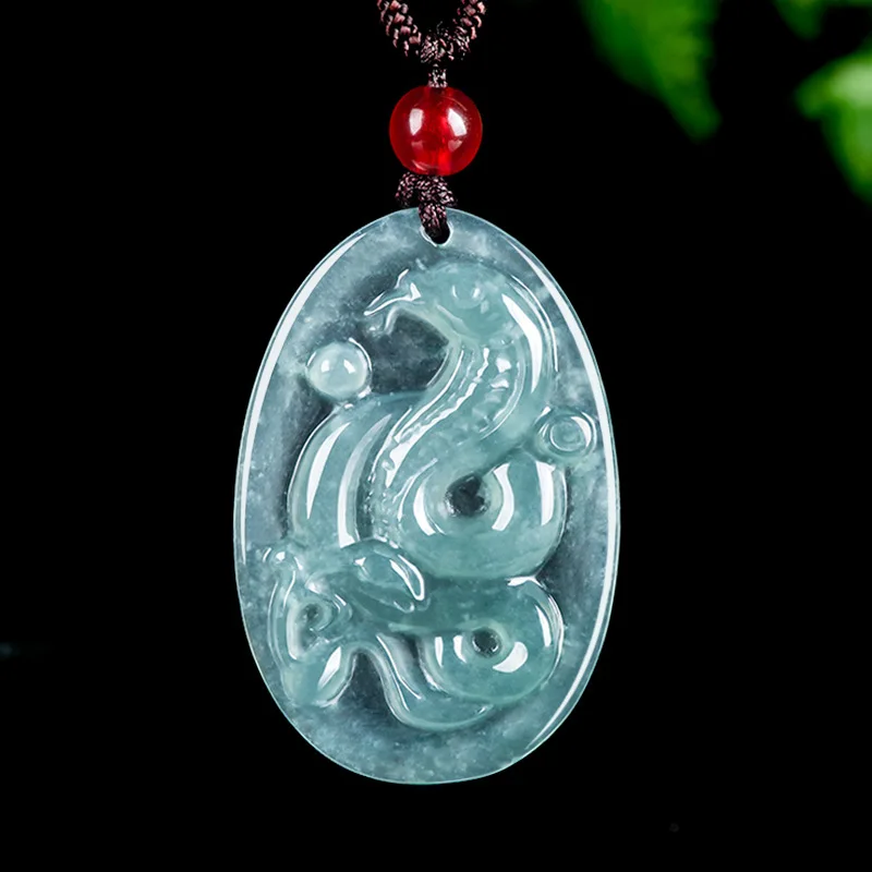 

Myanmar Emerald Blue Water Jade Chinese Zodiac Snake Pendant Necklace Real Natural Carved Jewelry Amulet Gifts Certificate