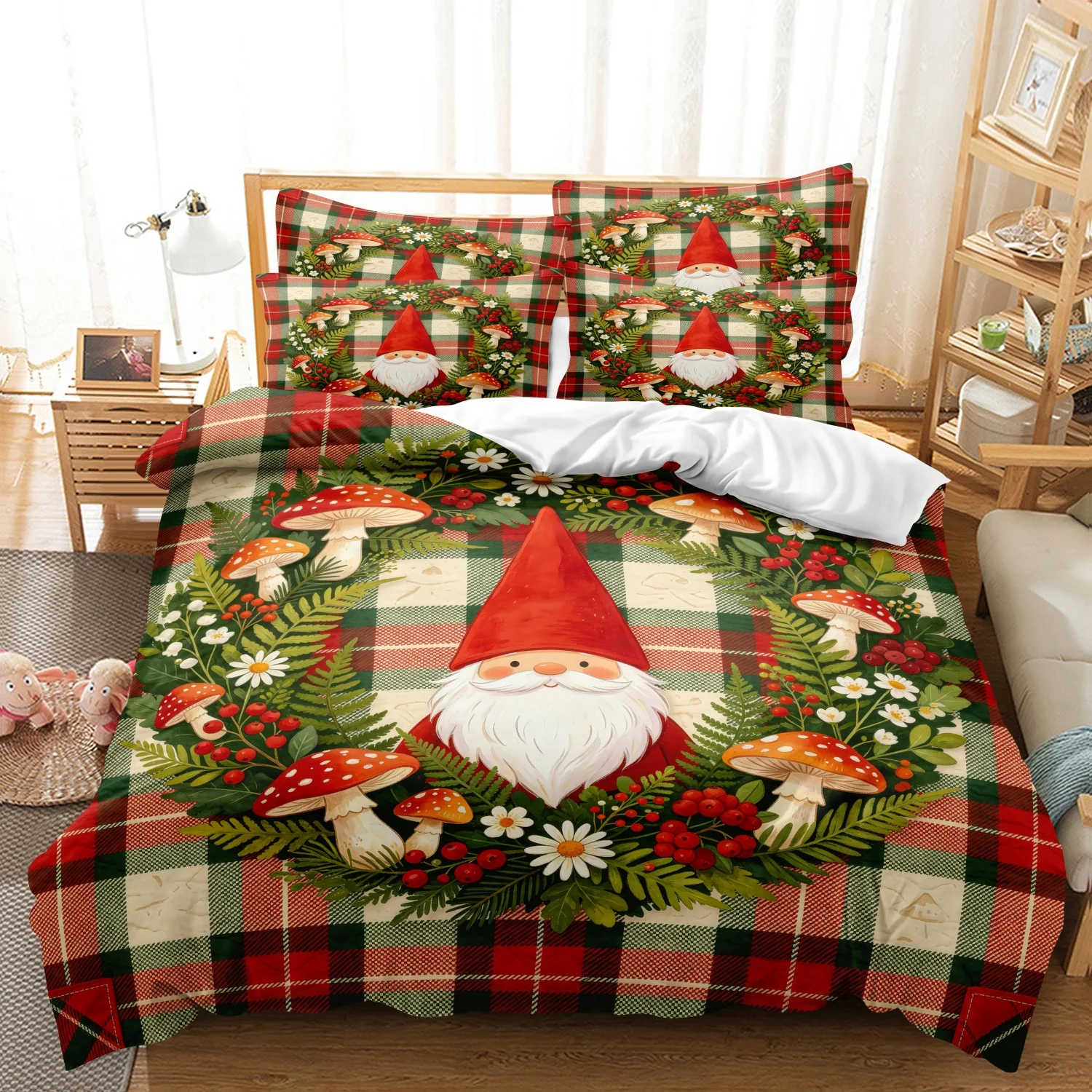 3Pcs Red Green Checkered Gnome Mushroom Floral Wreath Print Duvet Cover Set, Buffalo Plaid Christmas Gnome Bedding
