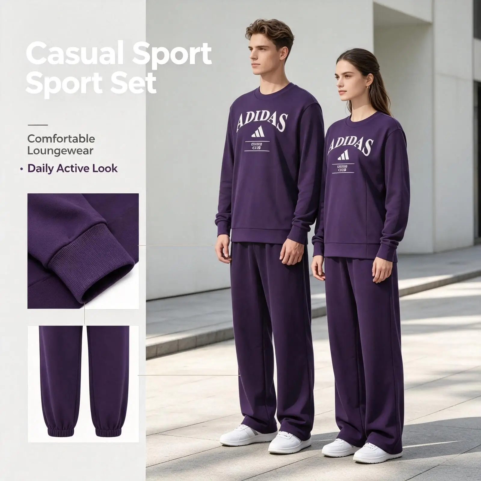 Adidas Sweatshirt Purple Tracksuit Women 2-Piece Soft Fleece Casual Sport Set Sweatshirt Sweatpants Loungewear Ka0995