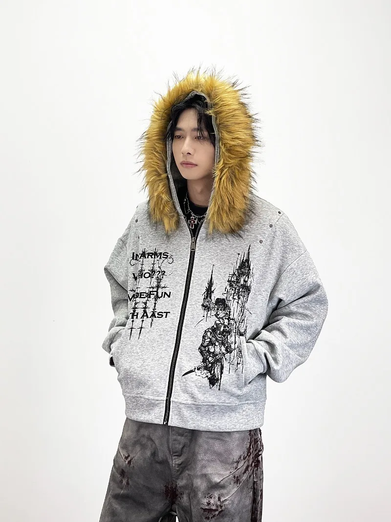 Y2K ثقافة فرعية أمريكية شارع العليا الموضة العصرية الفراء طوق مقنعين البلوز فضفاضة عادية سترة قصيرة سترة