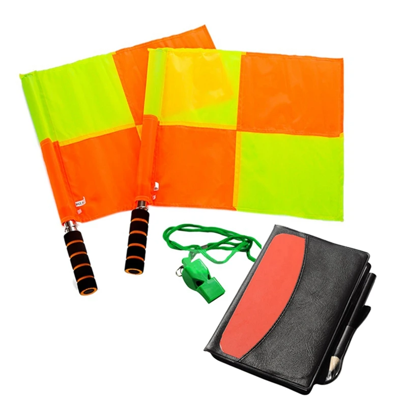 2X Soccer Referee Kit Football Checkered Soccer Flags Wallet Notebook With Red Yellow Card And Whistle