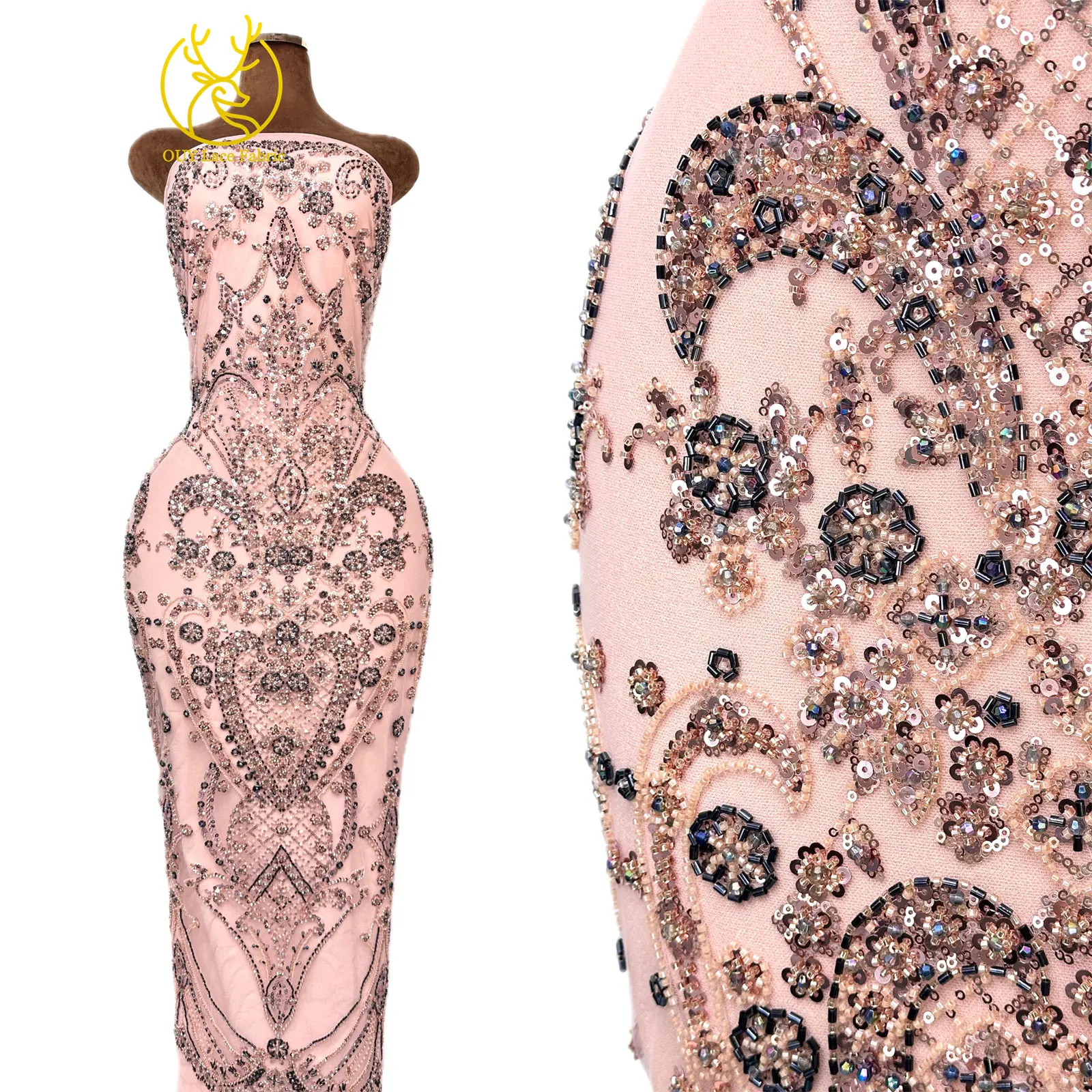 Pfirsichfarbener, hochwertiger, eleganter afrikanischer Brautkleidstoff mit Stickerei und Perlen, 2026 Nigerianische Pailletten-Spitze für Abendkleider und Hochzeitskleider zum Nähen – Detail 4