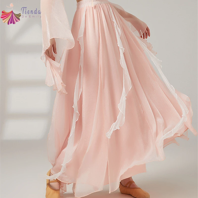 

Women Flowy Classical Dance Pant Double Layers Wide Leg Trouser Ruffle Chiffon Spliced Yoga Stage Practice Performance Costume