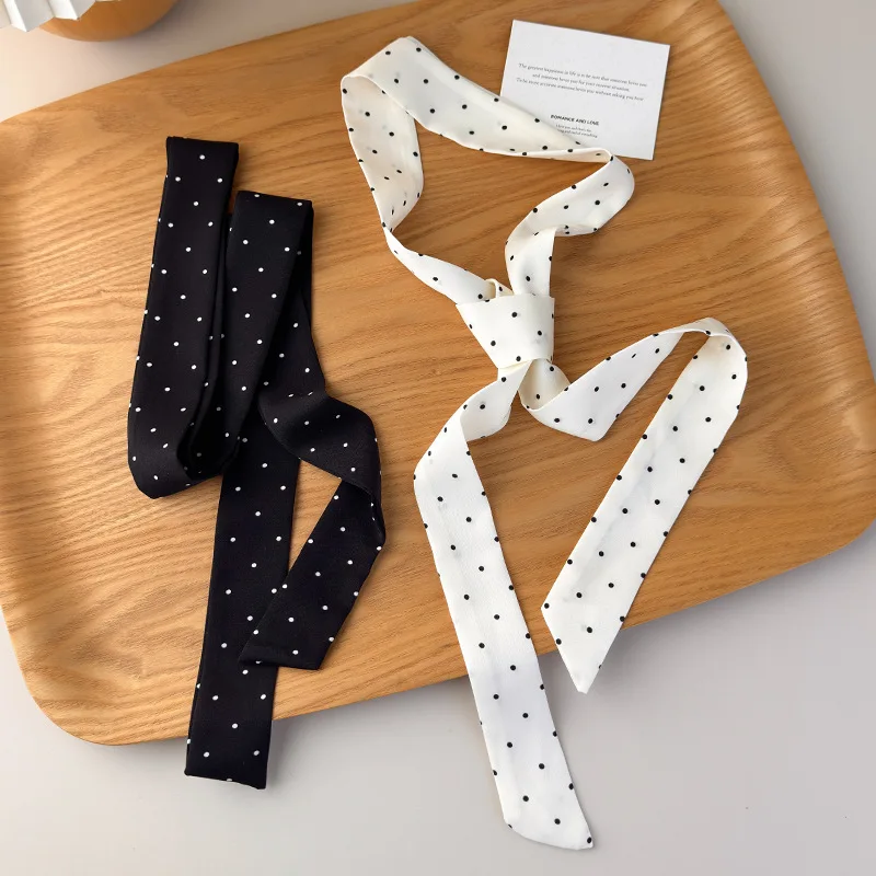 Extra-long scarf, polka-dot short ribbon, simple neck scarf, narrow silk scarf, ribbon for tying bags