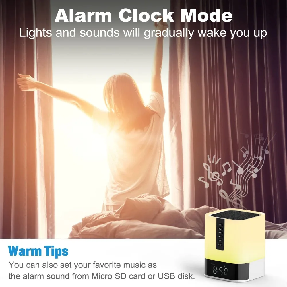 Jam Alarm Speaker Bluetooth lampu malam, lampu samping tempat tidur sentuh untuk kamar tidur, lampu hangat bisa diredupkan, berubah warna 48 RGB