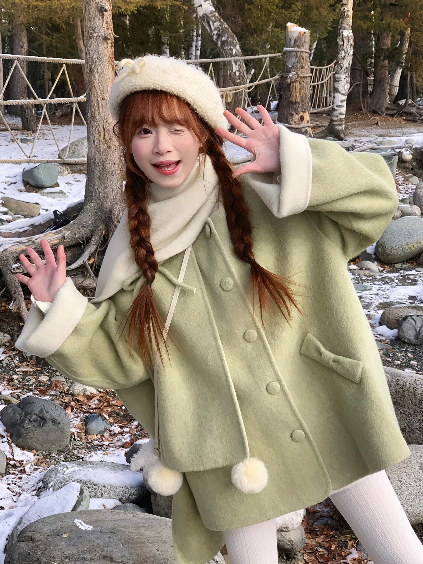 

Double-Sided Woolen ort Coat by Sinsingirl in Rice een with Furry Balls Sweet Sle Loose Fit Long Sve for Young Women