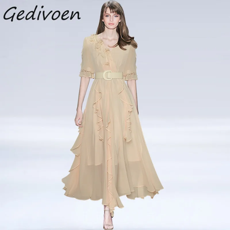 

Gedivoen Fashion Runway Summer Green Long Dress Women's V-Neck Appliques Beading Frenulum Ruffles Splicing Irregularity Dress