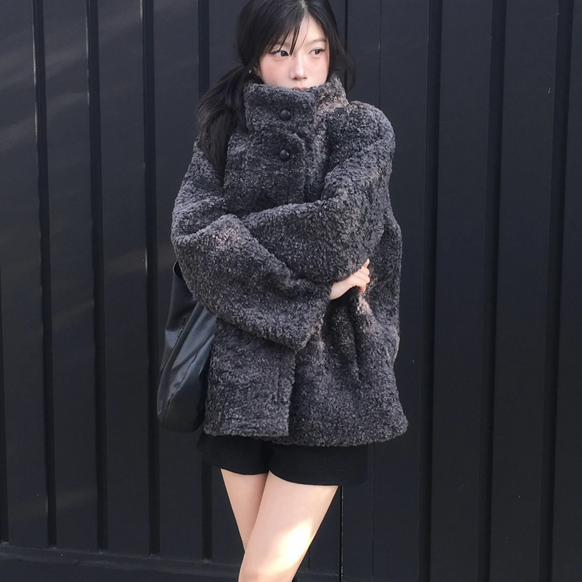 Damen Chic Vintage Stehkragen Warm Loose Fur Leder Inteated Herbst Winter Oberbekleidung Langer Sve Wollmantel