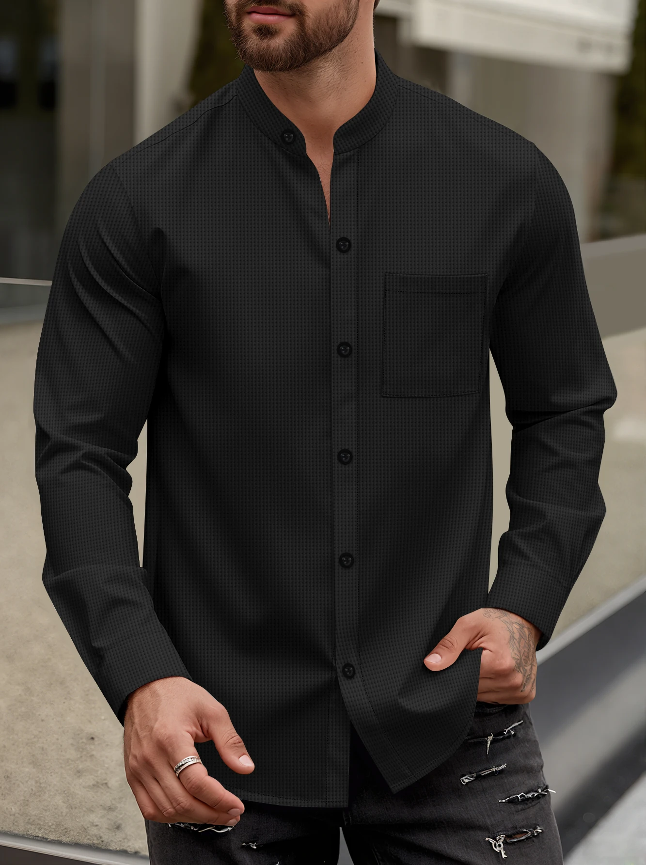 

Men's Waffle Knit Band Collar Button Down Shirt - Casual Long Sleeve Chest Pocket Dress Shirt