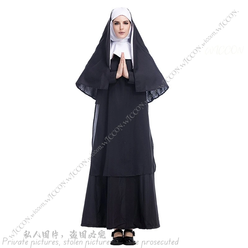 Nun Costume Halloween Costumes Cosplay Medieval Women Adult Blessed Church Costume Carnival Stage Costume Party Dress Up Props