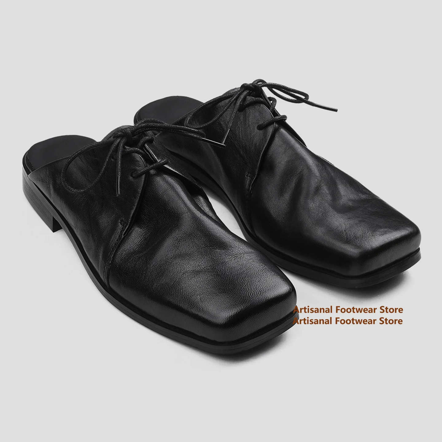 

Black Square-Toe Leather Mules Slippers Backless Lace-Up Derby Shoes Low Heel Slip On Casual Shoes Trendy Handmade Men's Shoe