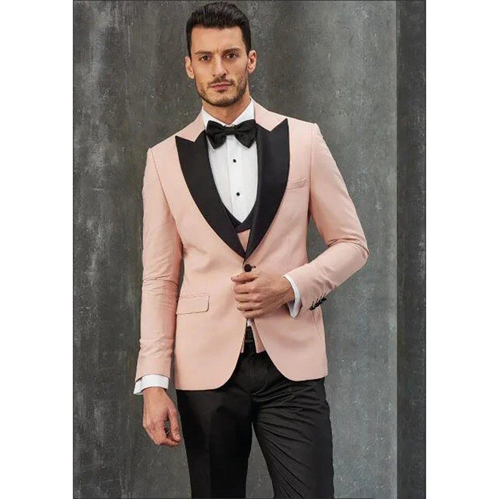 

3 Pieces Light Pink High Quality Slim Single Breasted Men Suit Blazer+Pants+Vest Handsome Wedding Formal Work Causal Set