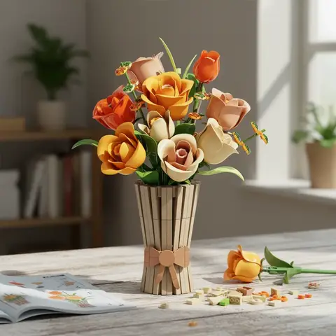 818Pcs Red White Rose Flower Bouquet Building Blocks Set with Vase, Creative Decor Gift for Valentine Christmas