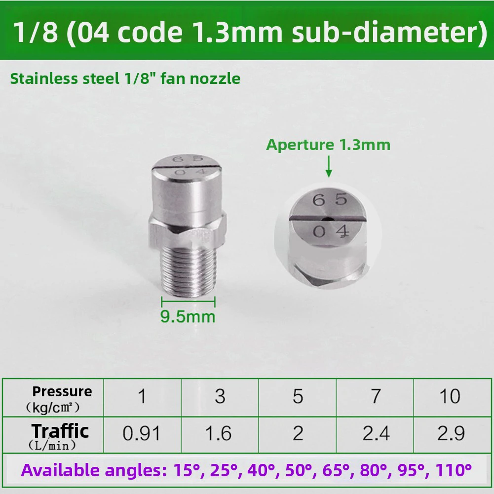 Stainless Steel 65 Degree Fan Nozzle Tip 1.3mm 1/4 Inch Connection For Pressure Washer Cleaning Dust Removal 4pcs Set