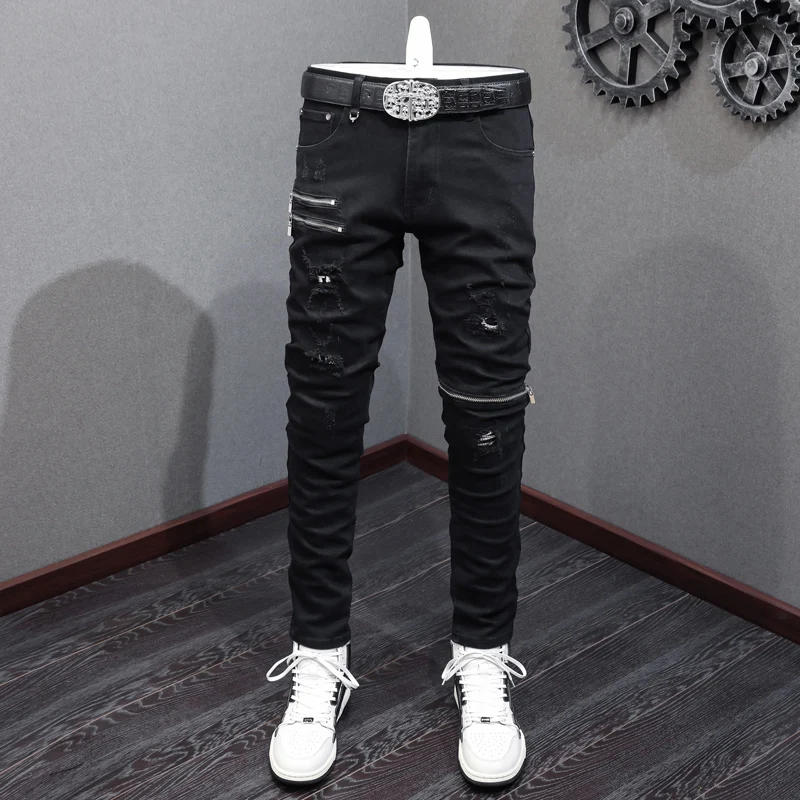 

Street Fashion Men Jeans Black Stretch Skinny Punk Trousers Elastic Ripped Jeans Men Zipper Designer Hip Hop Denim Pants Hombre