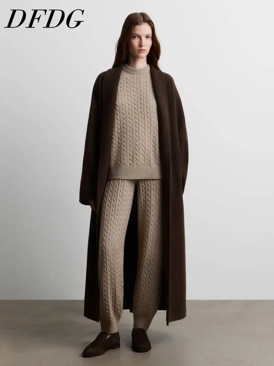 DFDG Women 2026 Spring Autumn Cable Knit Two Piece Outfit Long Open Cardigan Crew Neck Sweater Cuff Jogger Pants Knitted Suit