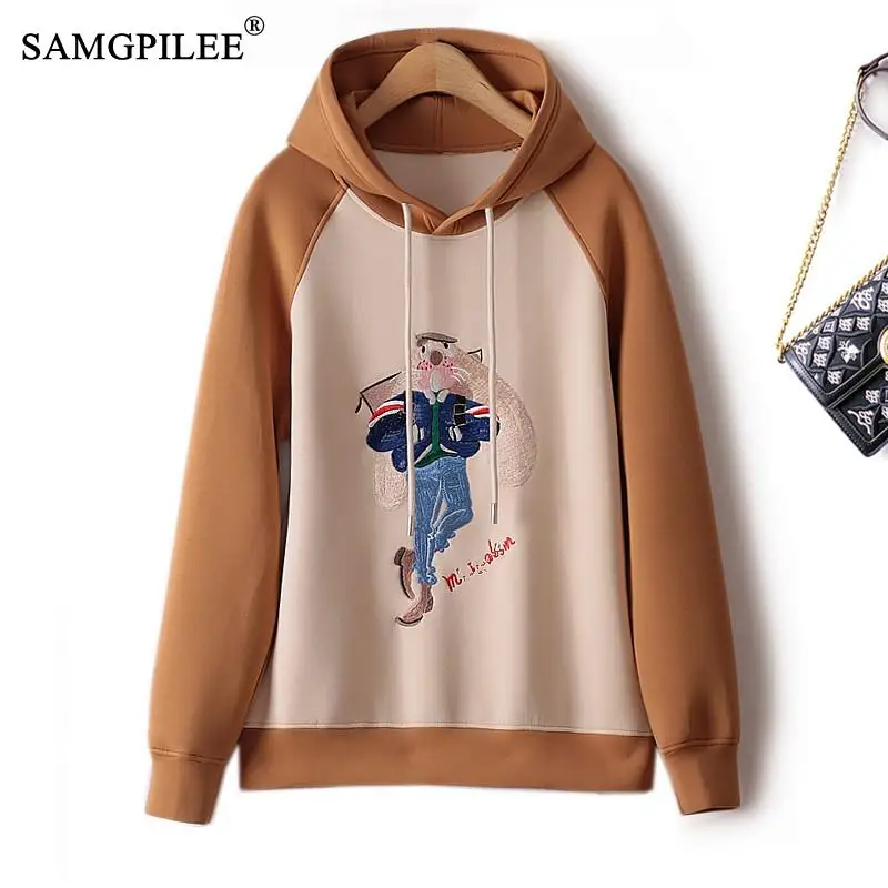 

Hoodies Women Heavy Industry Embroidery Cartoon Hooded Contrast Space Cotton Sweater Women 2022 Winter Pullover Y2k Clothes 4XL