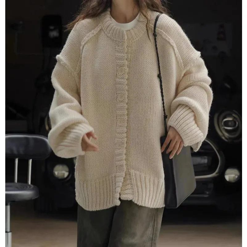 

Simple O Neck Solid Color Single Breasted Women's Knitted Cardigan Autumn Winter Loose Fit Versatile Lazy Style Sweater Coat New
