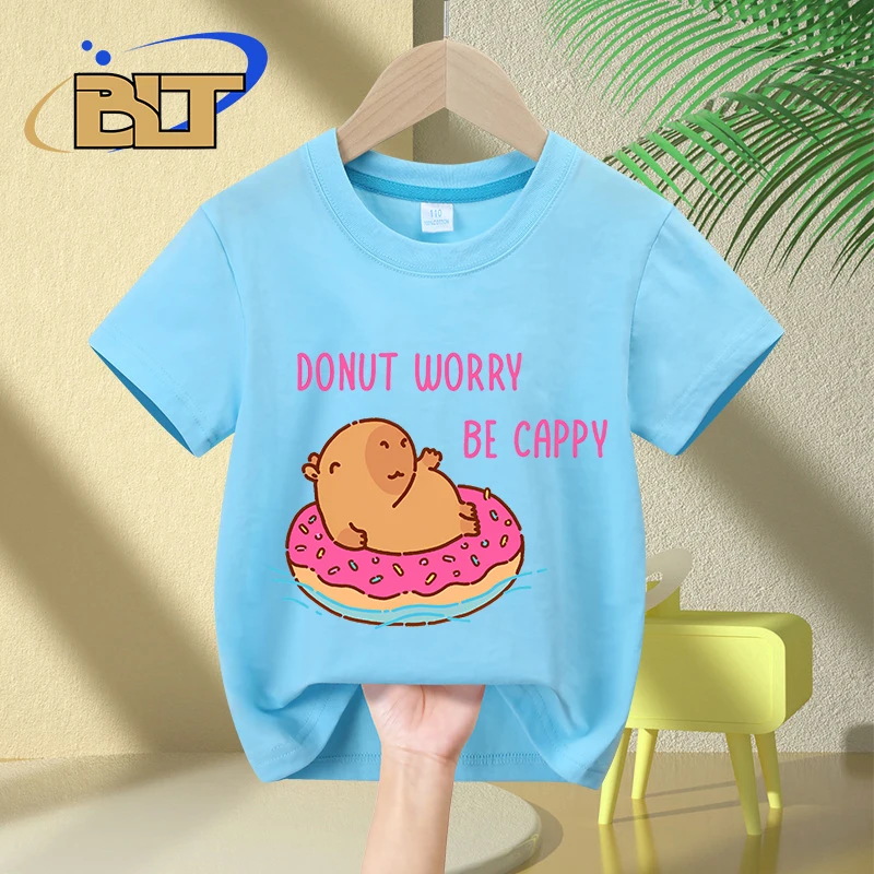 Capybara floating in a donut floater, donut worry be cappy cartoon print kids T-shirt summer children's cotton short sleeves