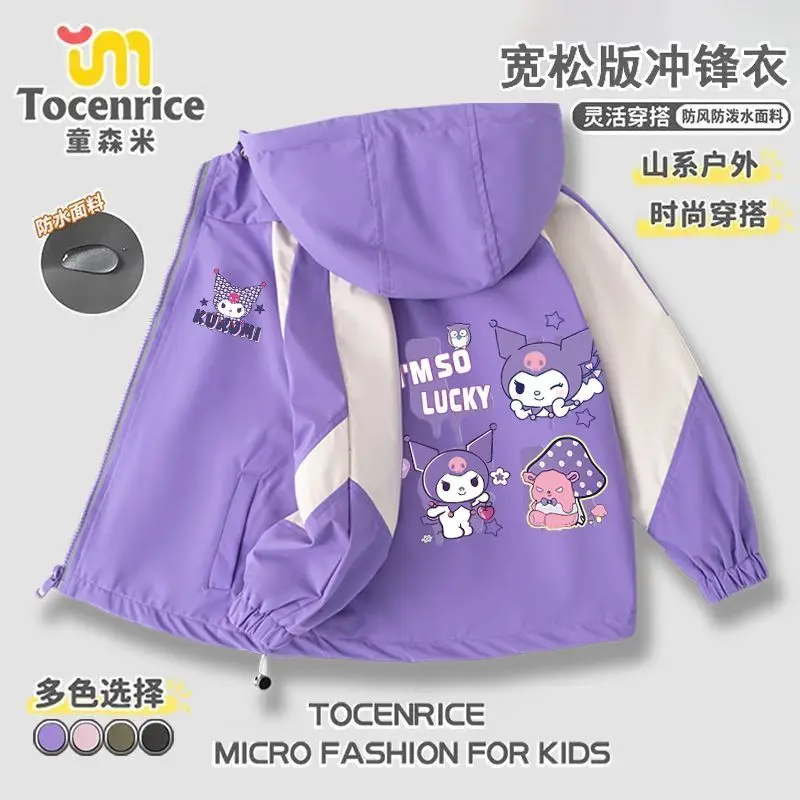 

Куртка-ветровка Sanrio Kuromi с флисовой подкладкой, водонепроницаемая, с капюшоном, для девочек, детей постарше, осенне-зимняя модная куртка